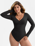 Long-sleeve Pleated Tummy-Control Thong Bodysuit