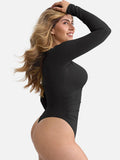 Long-sleeve Pleated Tummy-Control Thong Bodysuit