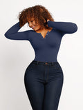 Three Buttons Long-sleeved Thong Bodysuit